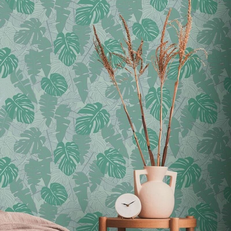 Papier peint nature exotique vert céladon Tapisserie florale feuillage Papier peint moderne intissé style jungle idéal pour salon