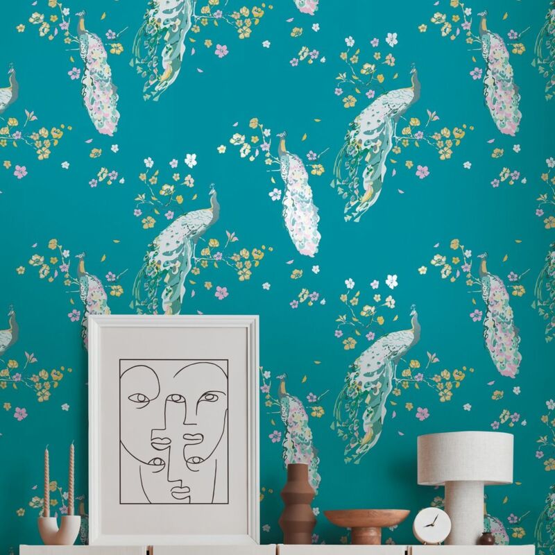 As Creation - Papier peint coloré nature sur fond bleu Tapisserie motif animal et floral Papier peint avec paons style asiatique idéal chambre