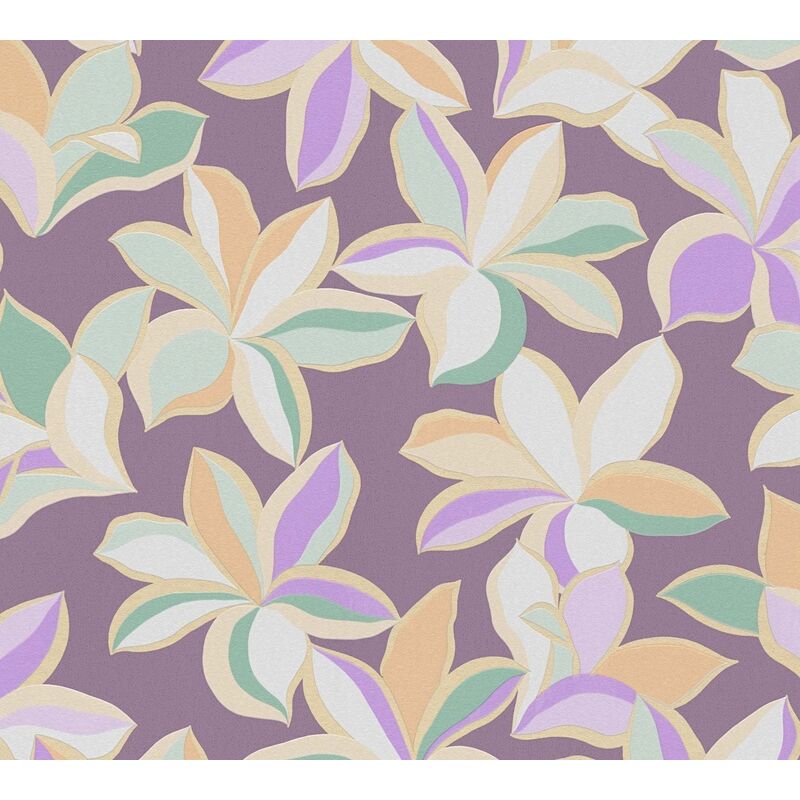 Papier peint nature sur fond mauve Tapisserie florale orange, mauve et verte Papier peint style botanique idéal pour salon