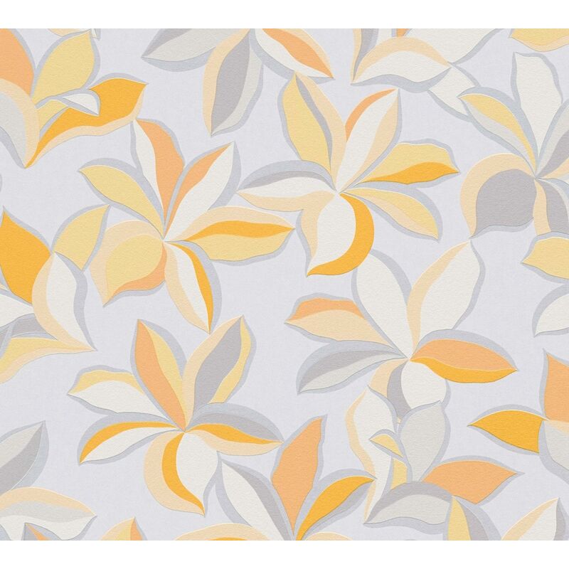 As Creation - Papier peint nature sur fond argent Tapisserie florale orange et grise Papier peint style botanique idéal pour cuisine et bureau