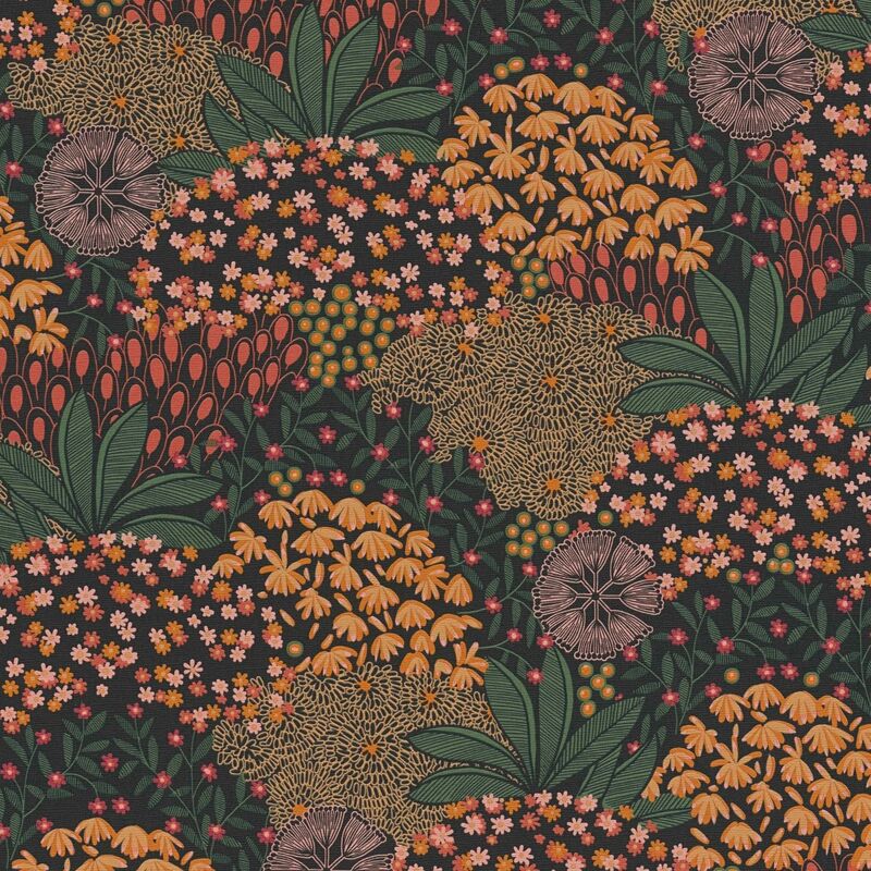 Papier peint feuillage noir et orange Tapisserie florale style botanique Papier peint intissé nature idéal pour chambre