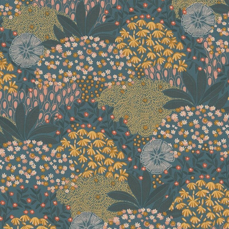 Papier peint feuillage bleu vert et orange Tapisserie florale style botanique Papier peint intissé nature idéal pour salon