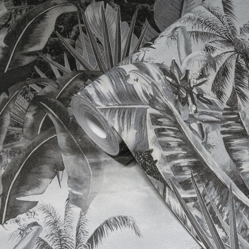 A.s.creations - Papier peint imprimé nature sauvage Tapisserie feuillage noir et blanc Papier peint végétation style jungle tropical idéal couloir