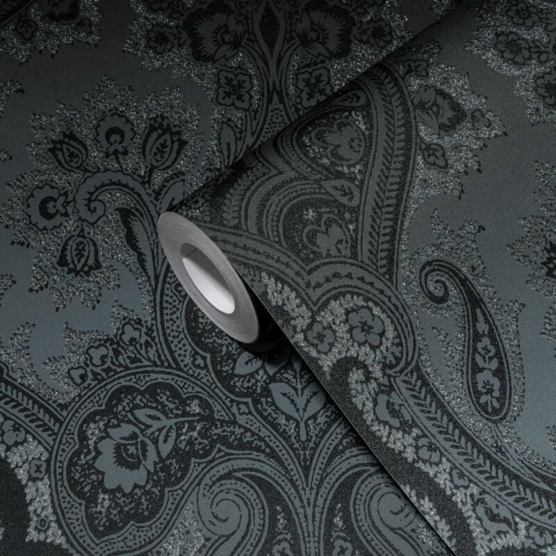 Papier peint baroque noir effet brillant soie Papier peint damassé moderne Papier peint à ornements idéal pour bureau