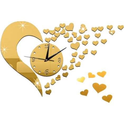 bricolageHorloge murale simple en forme de cœur3DSticker mural 3D en forme de cœur miroir (doré)