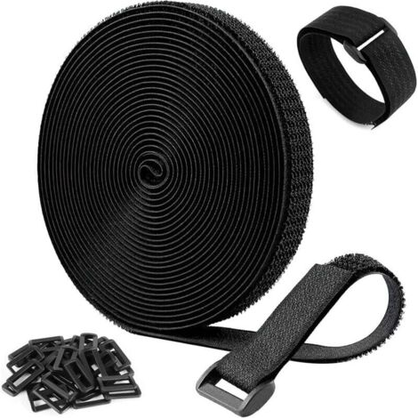 Bridas ajustables KZQ de 5 m x 2 cm con 20 hebillas, cierre de velcro, reutilizables, fáciles de cortar, para guardar y organizar cables, color negro