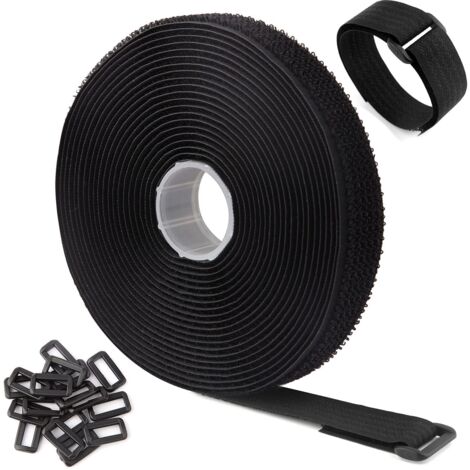 Bridas ajustables para cables de 10 m x 2 cm con 50 presillas, color negro, reutilizables, con cierre de velcro para la gestión de cables.
