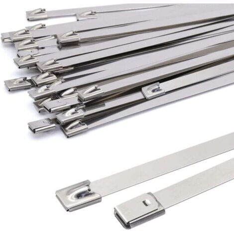 Bridas metálicas de acero inoxidable de 300 x 7,9 mm, color plata, resistentes hasta 120 kg, 100 unidades