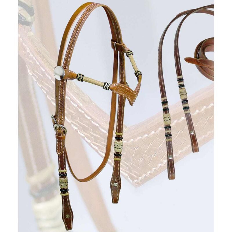 Marrone - Bridon en cuir occidental avec décoration de basket en forme de v et garniture en cuir brut, complet avec rênes