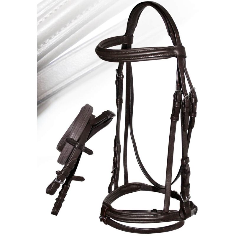 Full, Marrone: Bridon royal en cuir avec rênes en caoutchouc, rembourré à l'avant et en haut