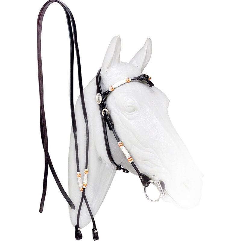 Full, Nero: Bridon western en cuir tubulaire avec frontal en arc avec inserts en cuir brut, complet avec rênes