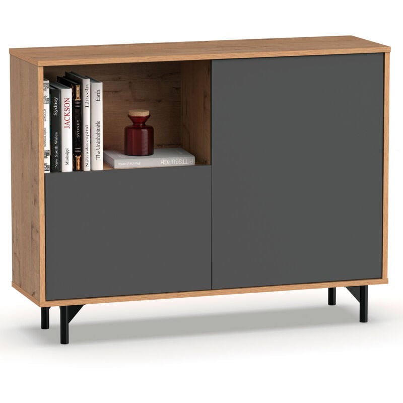Fokus Buffet Salle a Manger, Meuble de Rangement, 2 Portes, 1 Étagère 86x112x33 cm Gris/Bois - Briebe