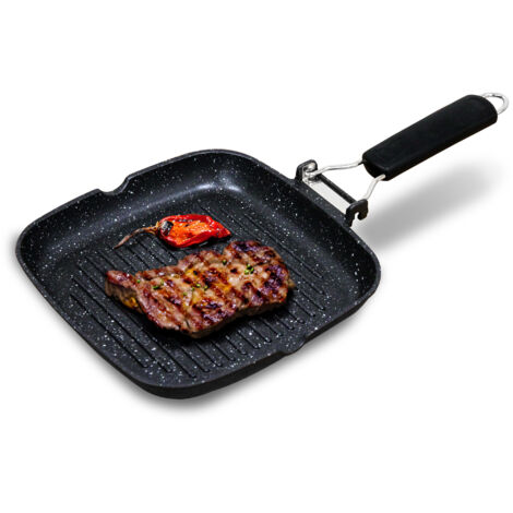 Briebe GP1158 Grill Asador, Inducción, Antiadherente Titanio 24x24cm Aluminio Fundido sin PFOA Mango Plegable  Negro