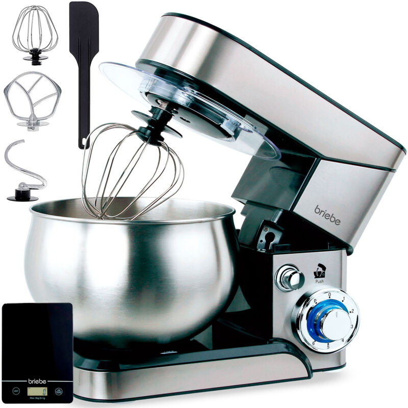 Briebe KM1114B Batidora Amasadora Repostería Profesional + Báscula, Robot Cocina 5 Litros, Movimiento Orbital 1800W Acero Inoxidable