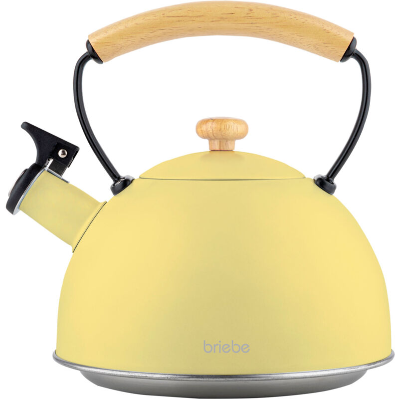 Briebe - Pastel Tetera con Silbato, Hervidor de Agua 2,3L, Inducción, Acero Inox, Vintage, Mango Madera Amarillo - Amarillo