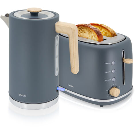 Briebe SKT1167GRY Nordic Set Tostadora Pan Ranura Ancha 2 Rebanadas + Hervidor  Agua Eléctrico 1,7L Inalámbrico 2200W Gris