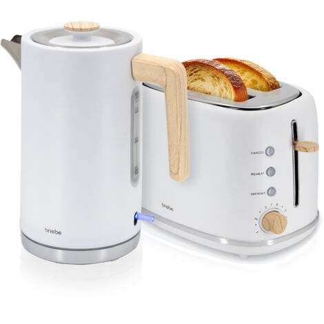Briebe SKT1167WHT Nordic Set Tostadora Pan Ranura Ancha 2 Rebanadas + Hervidor  Agua Eléctrico 1,7L Inalámbrico 2200W Blanco