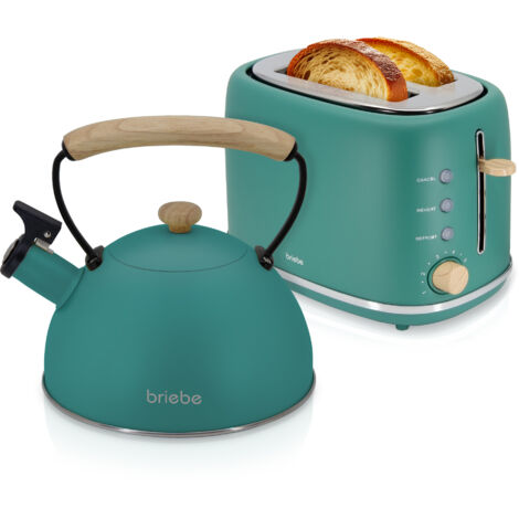Briebe SKT1177GRE Nordic Set Tostadora Pan Ranura Ancha 2 Rebanadas + Tetera 2,3L Acero Inox, Inducción Libre BPA 870W Verde