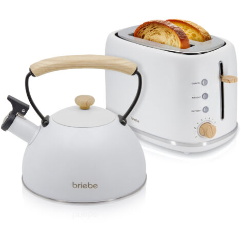 Briebe SKT1177WHT Nordic Set Tostadora Pan Ranura Ancha 2 Rebanadas + Tetera 2,3L Acero Inox, Inducción Libre BPA 870W Blanco