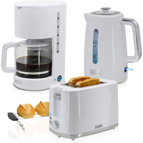 Briebe SKT1178WHT Elegance Set Tostador Pan Ranura Ancha 2 Rebanadas, Hervidor Agua Eléctrico 1,7L Cafetera 1,25L  Blanco