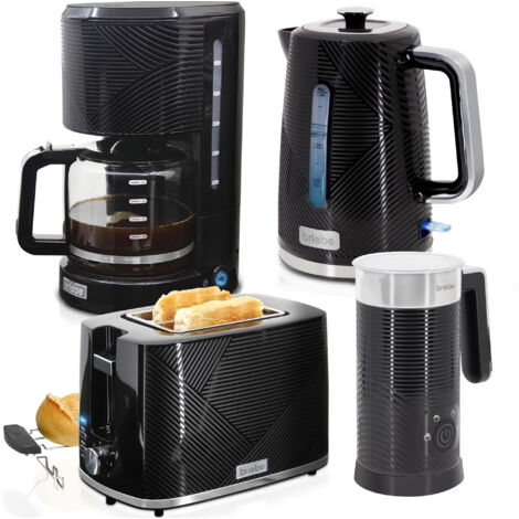 Briebe SKT1185BLK Elegance Set Tostador Pan 2 Rebanadas, Hervidor Agua Eléctrico Cafetera 1,25L Espumador Leche 2200W Negro