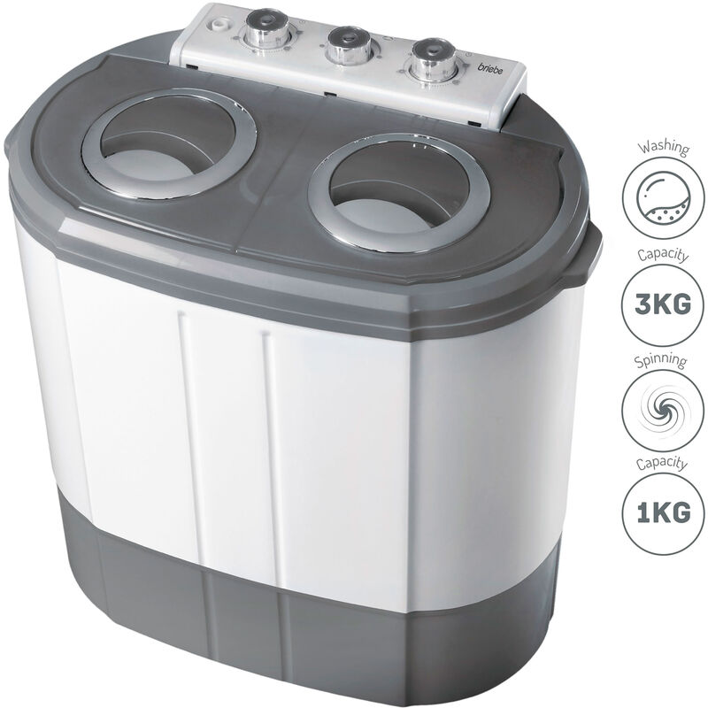 Briebe - WM1140 Mini Machine à Laver Portable Camping 3Kg Lavage 1Kg Centrifugeuse 2 Compartimen 190 w Blanc/Gris