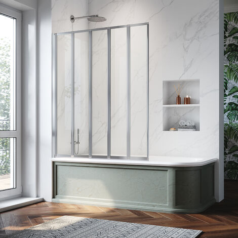 Bright Silver 5 Fold Bath Screen 1200x1400mm Tempered Glass Panel
