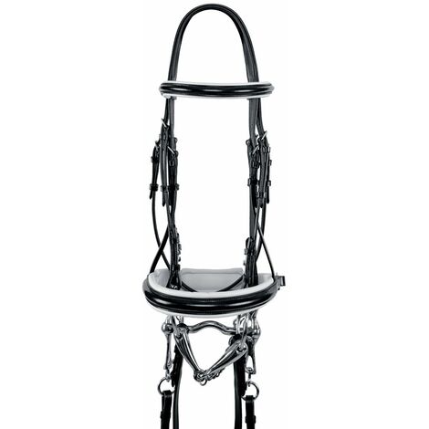 Briglia dressage Nadège in cuoio con profilo bianco completa di doppie redini: FULL, Marrone