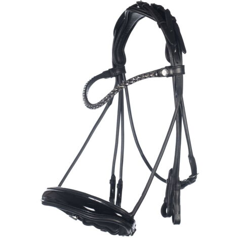 Briglia in cuoio con redini in cuoio e frontalino con brillanti neri modello Kate: cob, nero