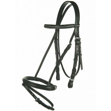 Briglia inglese in cuoio con frontalino strass e redini in tela: Cob, nero 9100