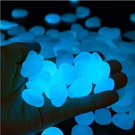 Brillent dans le jardin sombre cailloux pierres roches pour la décoration de cour et de passerelles, pierres lumineuses décoratives bricolage en bleu (100 pièces)