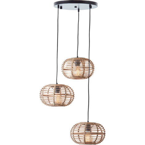 Brilliant lamp Woodball suspension 3 lampes noir mat/bambou métal/textile/bois marron 3x A60, E27, 40 W