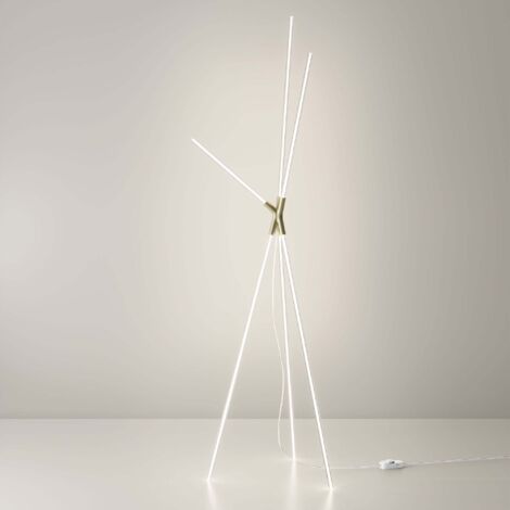 Brilliant Lampadaire design trépied avec diffuseurs cylindriques en polycarbonate et structure en aluminium finition Or, technologie LED