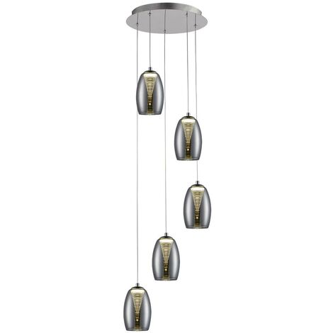 BRILLIANT Lampe Metropolis LED Pendelleuchte 5flg chrom/rauchglas easyDim  5x 5W LED integriert COB, 500lm, 3000K  In der Höhe einstellbar / Kabel kürzbar  EasyDim: dimmbar mit herkömmlichen Lichts