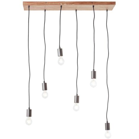 BRILLIANT lampe, suspension rustique 6-flammes noir / couleur bois, 6x A60, E27, 40W, câble peut être raccourci / réglable en hauteur