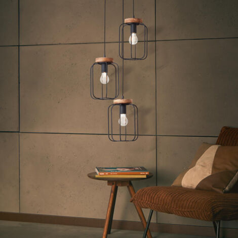BRILLIANT Lampe, Tosh Pendelleuchte 3flg Rondell antik holz/schwarz korund, 3x A60, E27, 40W, Holz aus nachhaltiger Waldwirtschaft (FSC)