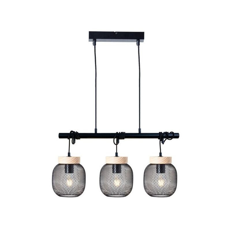 Suspension 3xE27 max 60W métal noir et bois Giada - Brilliant