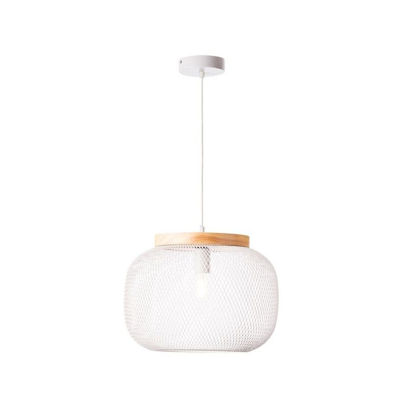 Suspension Giada, E27, diam. 39 cm, metal blanc et bois - Brilliant