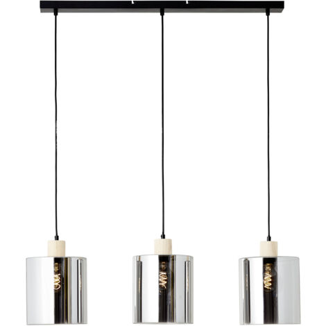 Brilliant Suspension Weald 3-flammes noir/fumée/bois métal/verre/bois   3x A60, E27, 40 W, adapté à une lampe normale (non incluse)