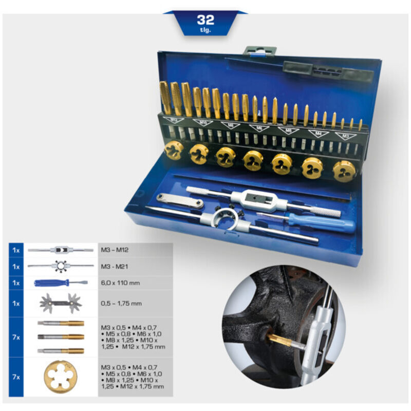 Brilliant Tools - Jeu de tarauds et filières TiN, 32 pcs
