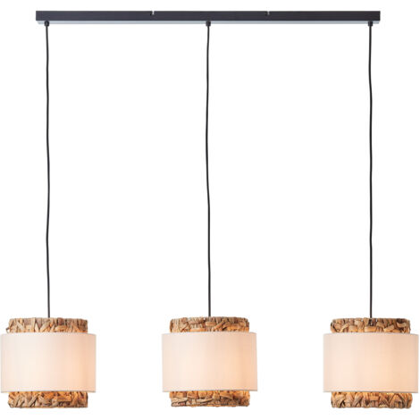 Brilliant Waterlilly suspension 3-flammes noir/naturel/blanc, métal/tissu/jacinthe d'eau, 3x A60, E27, 60 W