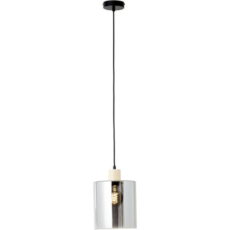 Brilliant Weald Pendelleuchte 20cm schwarz/rauch/holz Metall/Glas/Holz 1x A60, E27, 40 W, Geeignet für Normallampe (nicht enthalten)