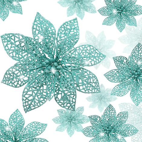 24 Piezas de Poinsettia Brillante Adorno de Árbol de Navidad Adorno de Decoración de Flores de Navidad Azul-Verde 3/ 4/ 6 Pulgadas 