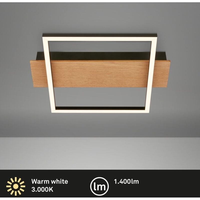 Briloner Kada Plafonnier LED, décor bois, ON/OFF, lumière blanche chaude, noir-bois, 34 x 26 x 6 cm