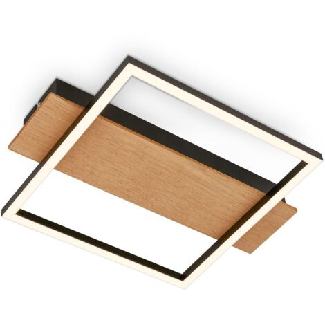 Briloner Kada Plafonnier LED, décor bois, ON/OFF, lumière blanche chaude, noir-bois, 34 x 26 x 6 cm