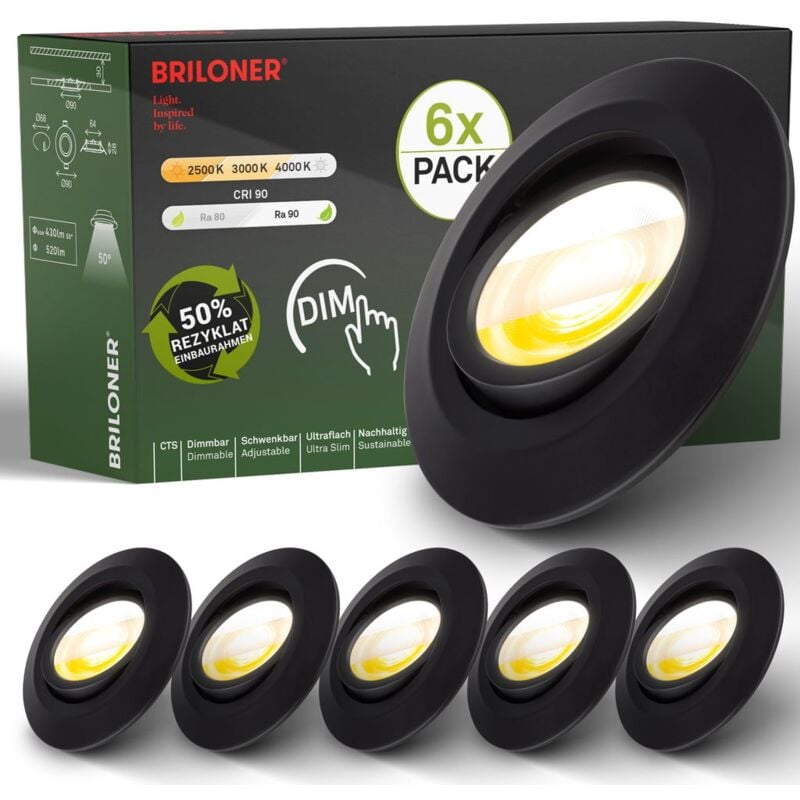 B.k.licht - Briloner Klira, jeu de 6 spots led encastrables 230V, intensité lumineuse variable, haute stabilité de couleur Ra90, interrupteur cts,