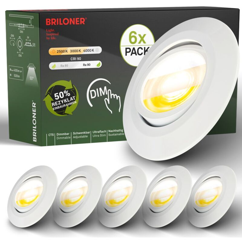 B.k.licht - Briloner Klira Lot de 6 spots led encastrables 230V, intensité lumineuse variable, Ra90 haute tenue des couleurs, interrupteur cts,