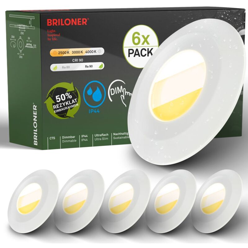 B.k.licht - Briloner Klira Lot de 6 spots led encastrables 230V pour salle de bain, intensité lumineuse variable, haute stabilité de couleur Ra90,