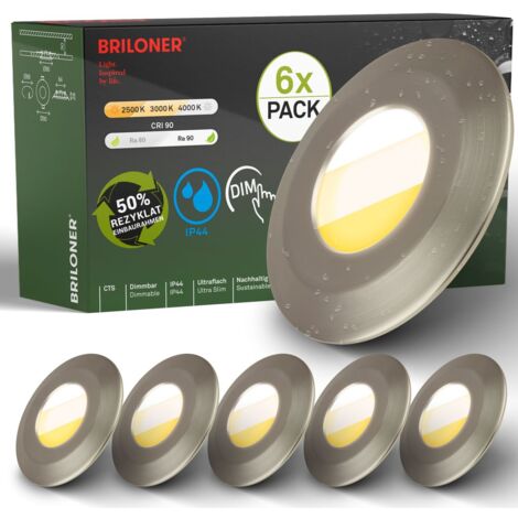 Briloner Klira Lot de 6 spots LED encastrables 230V pour salle de bain, intensité lumineuse variable, haute stabilité des couleurs Ra90, interrupteur CTS, protection contre les projections d'eau, nick
