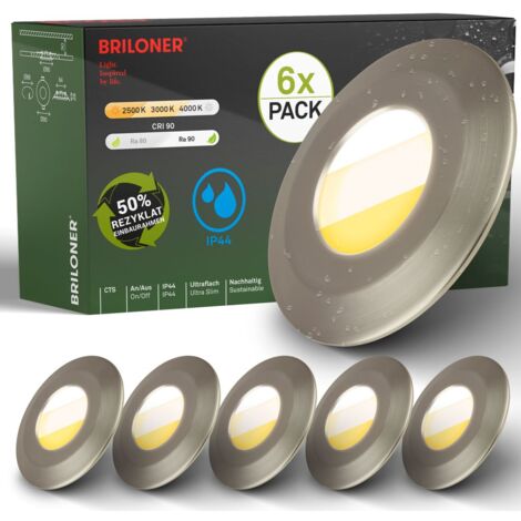 Briloner Klira Set de 6 spots LED 230V à encastrer dans la salle de bain, interrupteur CTS, haute stabilité des couleurs Ra90, protection contre les éclaboussures, boîtier en matériau recyclé à 50%, n